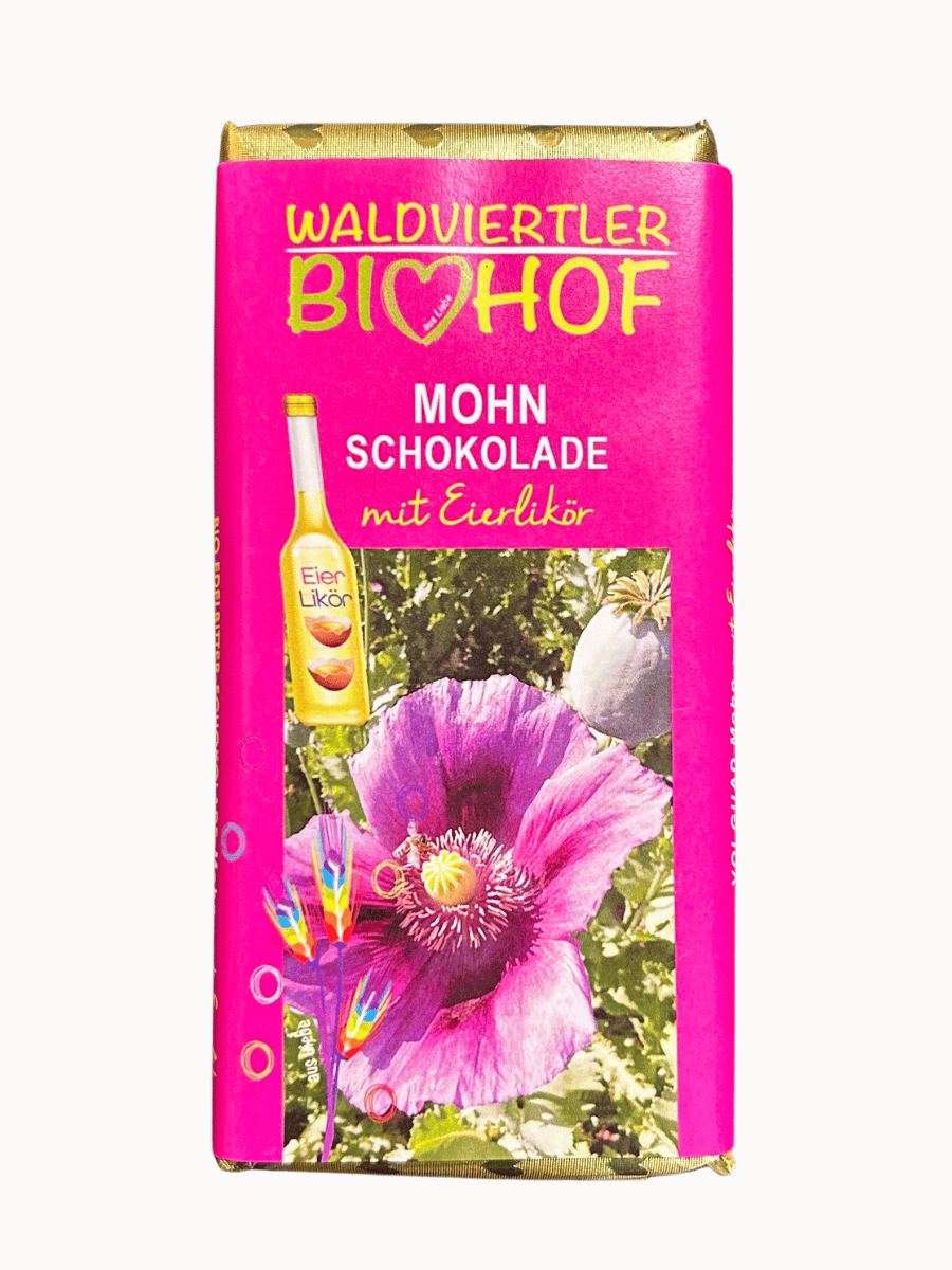 BIO hořká čokoláda plněná mákem, vaječným likérem a čokoládovým krémem