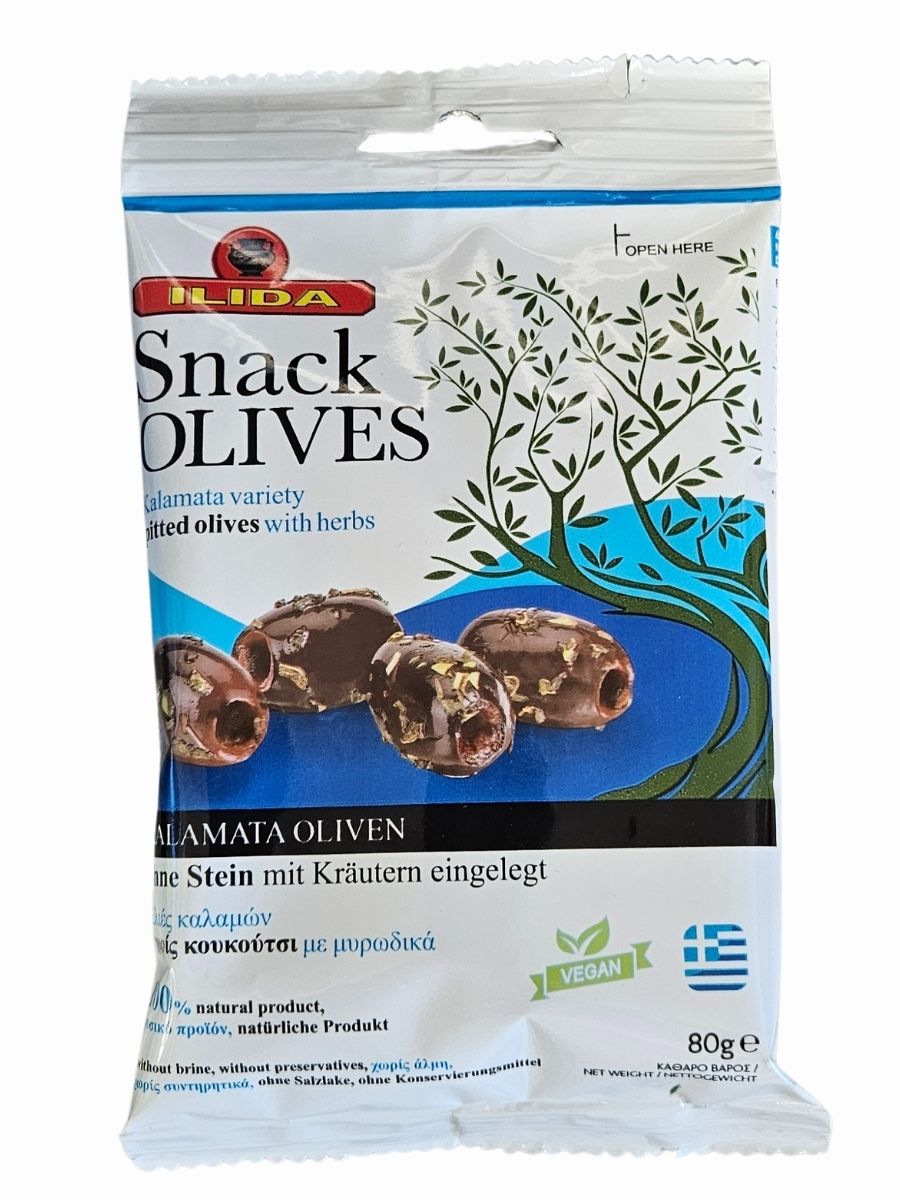 Tmavé marinované olivy Kalamata bez pecky