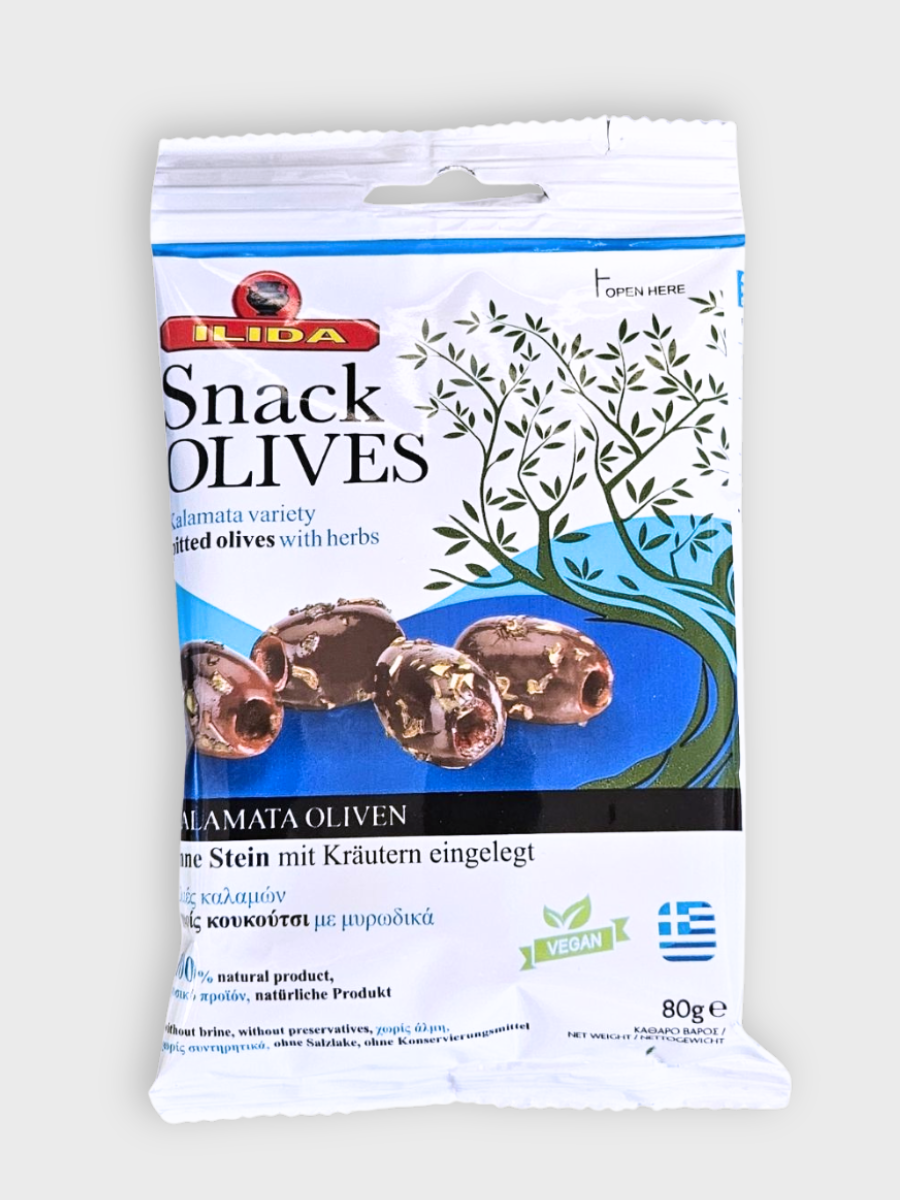 Tmavé marinované olivy Kalamata bez pecky