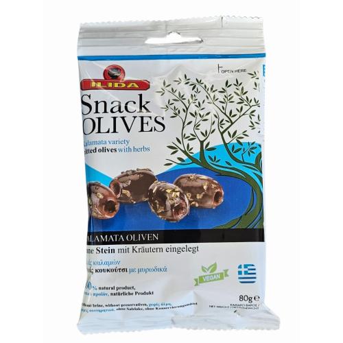 Tmavé marinované olivy Kalamata bez pecky