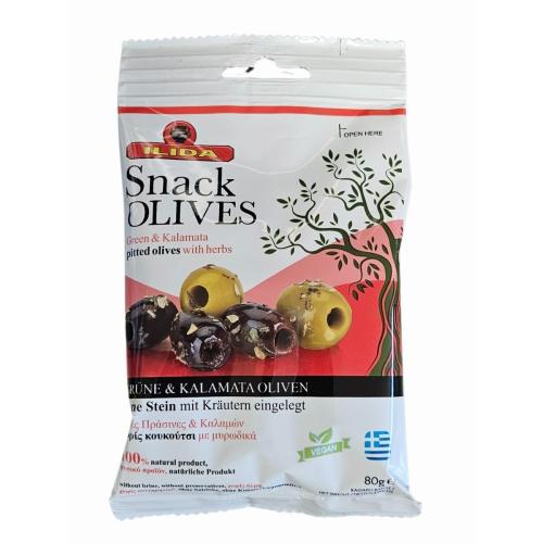 Mix zelených a tmavých marinovaných oliv bez pecky